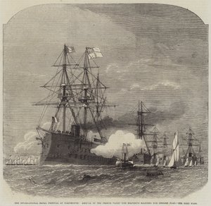 Nemzetközi Tengerészeti Fesztivál Portsmouthban, a francia flotta érkezése, a Solferino tiszteleg az angol zászló előtt.